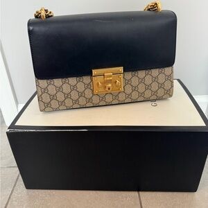 Gucci Black and Tan Shoulder Bag with Gold Accents